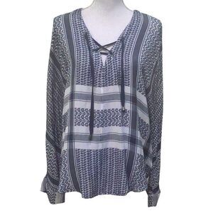 Rails Women’s Blue White Boho Geometric Print Long Sleeve Blouse Top Size Large